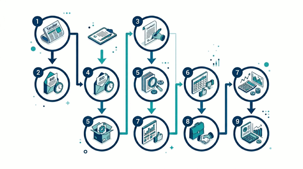 SNGPL tender process workflow — 9 steps from notice publication to contract award